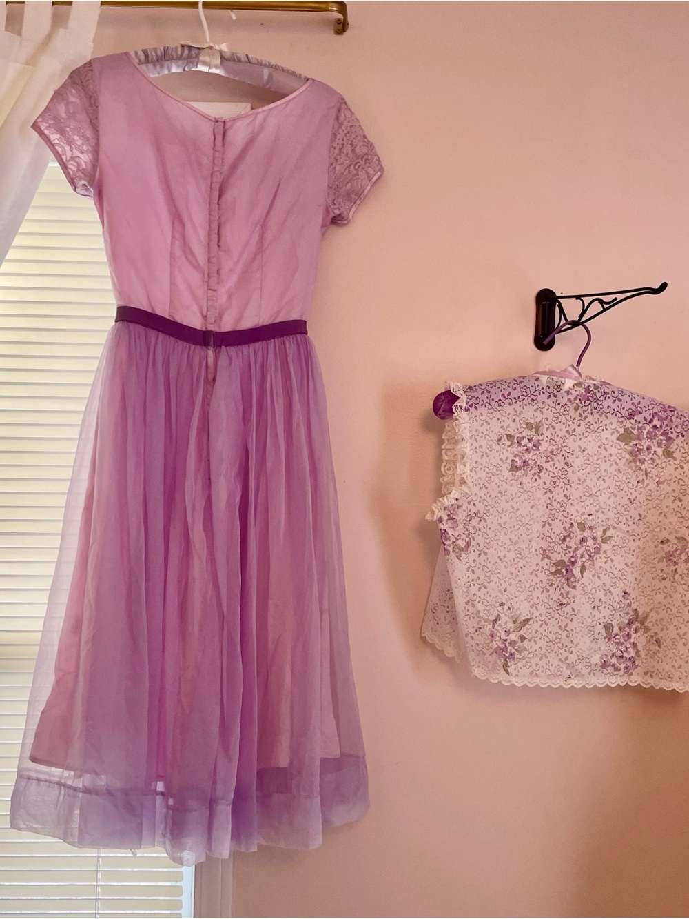 1960s Lavender Lace Cupcake Party Dress with Grosgrain Ribbon Waist Back Zip - Picture 8 of 12